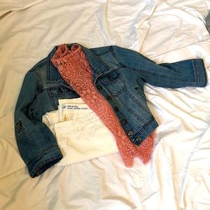 Capris, jean jacket, lace tank top w/ matching sheer tank top